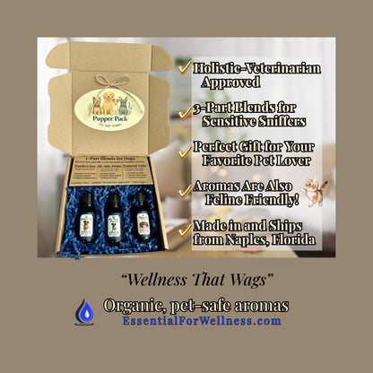 Box of 'Pupper Pack' with essential oils and promotional text on a beige background