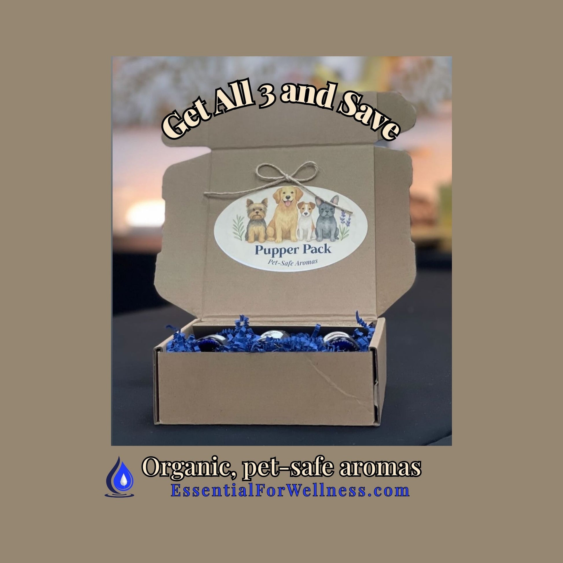 Open box with 'Pupper Pack' label featuring images of dogs, on a blurred background.