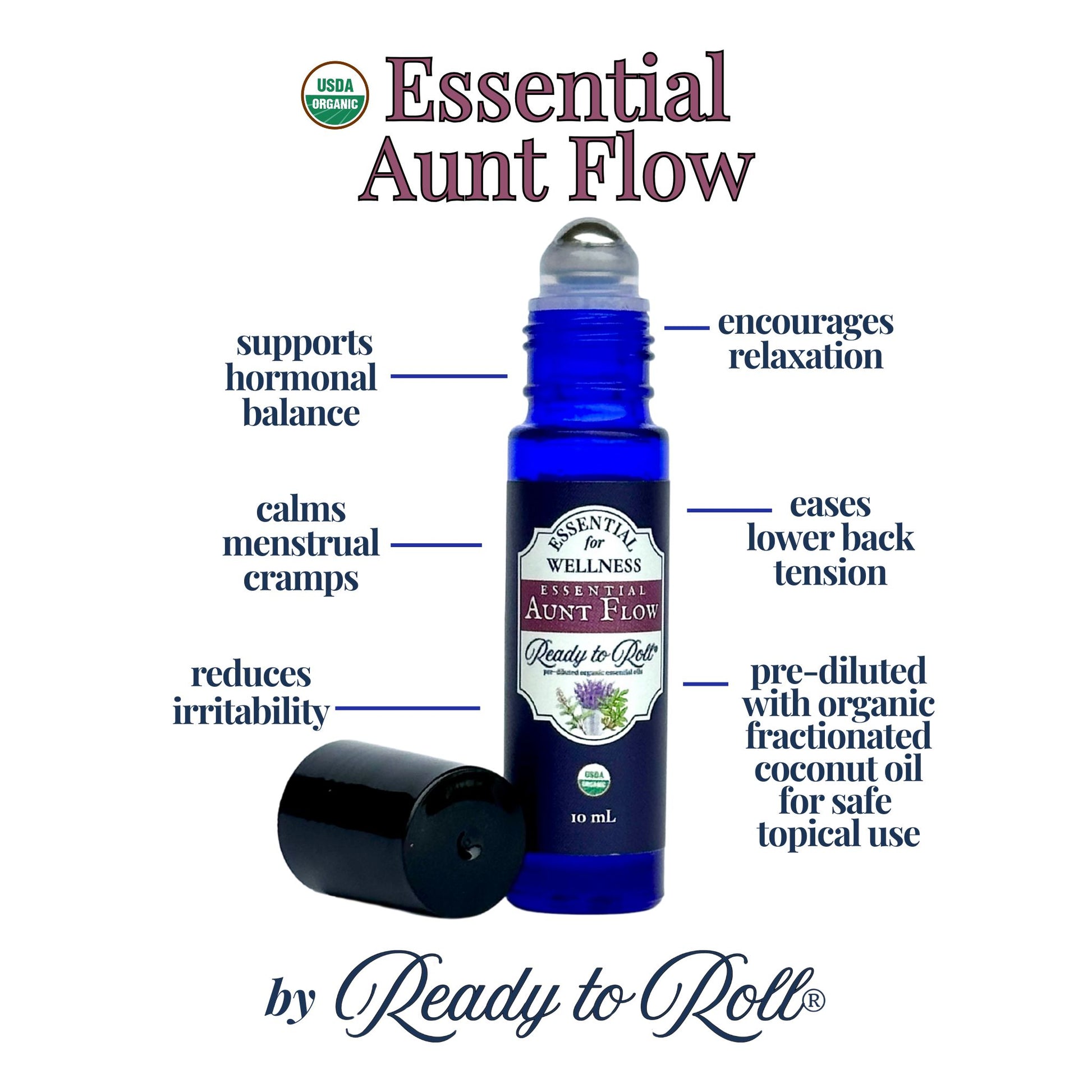 Ready to Roll Essential Aunt Flow.jpg – organic essential oil roller blend infographic with benefits