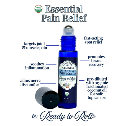 Ready to Roll Essential Pain Relief.jpg – organic essential oil roller blend infographic with benefits