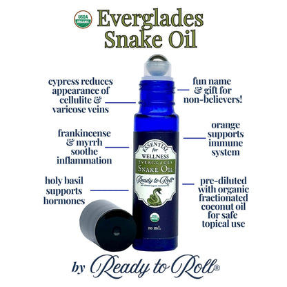 Ready to Roll Everglades Snake Oil.jpg – organic essential oil roller blend infographic with benefits