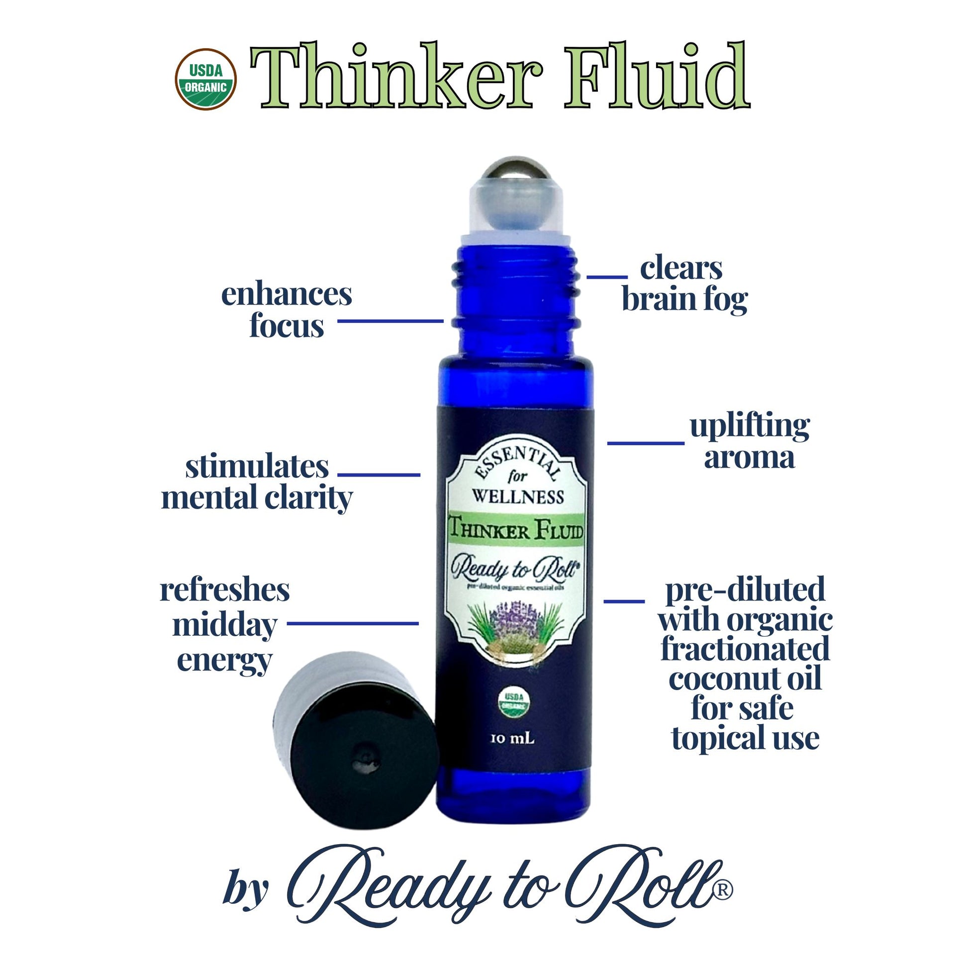 Ready to Roll® Thinker Fluid benefits infographic by Essential for Wellness – organic roll-on essential oil blend