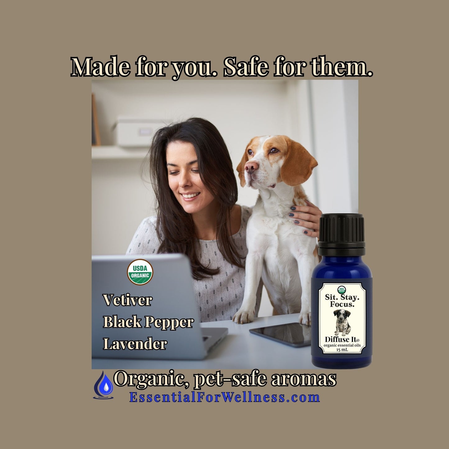 Woman with a dog using a laptop, with a bottle of essential oil diffuser on a beige background.