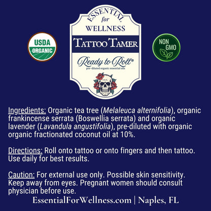 Tattoo Tamer Ingredients – Organic Tea Tree, Lavender, Frankincense essential oils, pre-diluted with Coconut Oil
