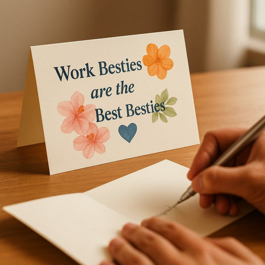Work Besties Are the Best Besties card for essential oil gift sets, featuring flowers and handwritten message from Essential for Wellness