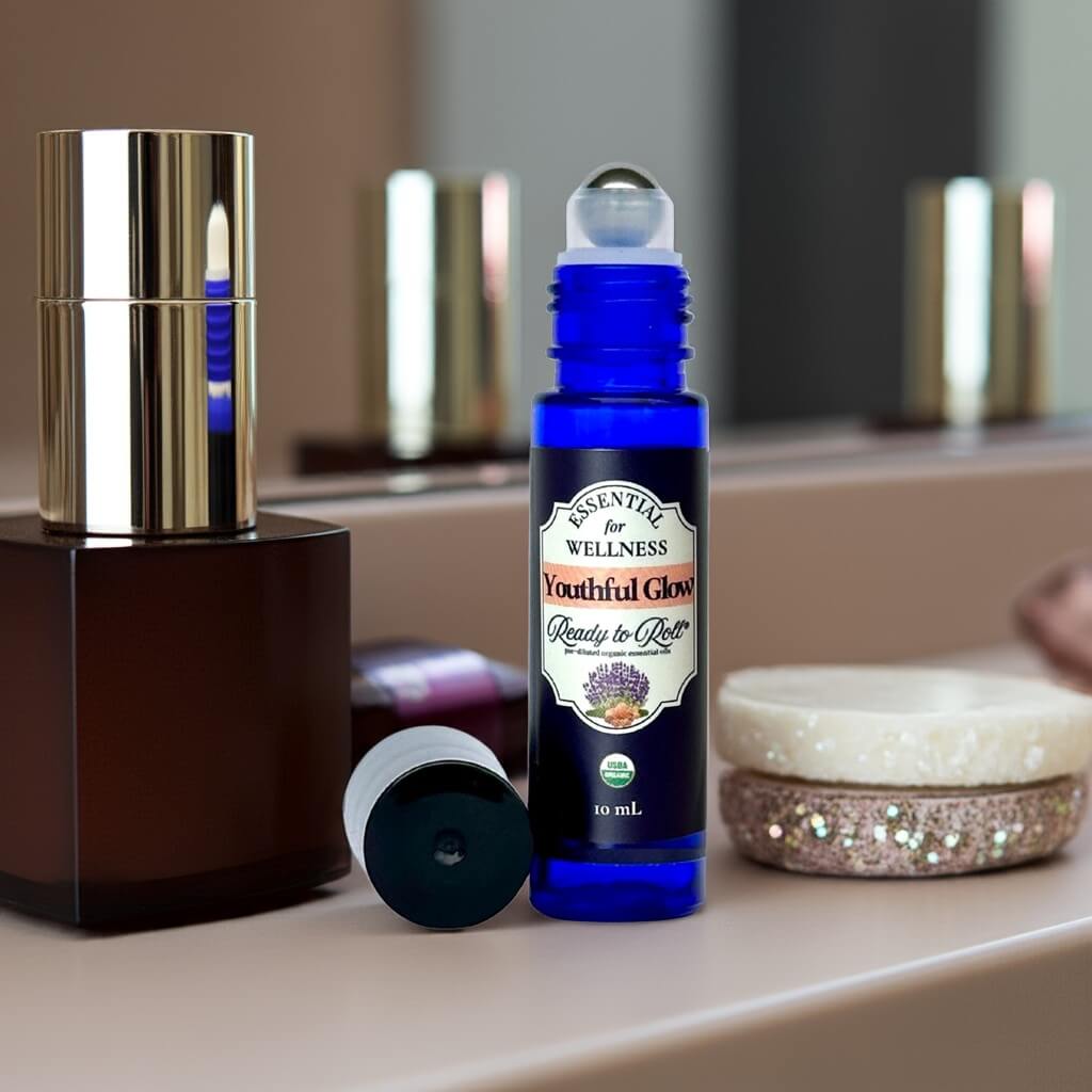Youthful Glow Organic Face Serum by Ready to Roll® at Essential for Wellness in a roller bottle on a bathroom counter