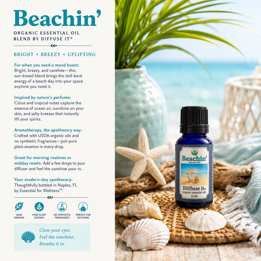 Beachin’ organic essential oil diffuser blend with bright citrus and beach-inspired summer scent