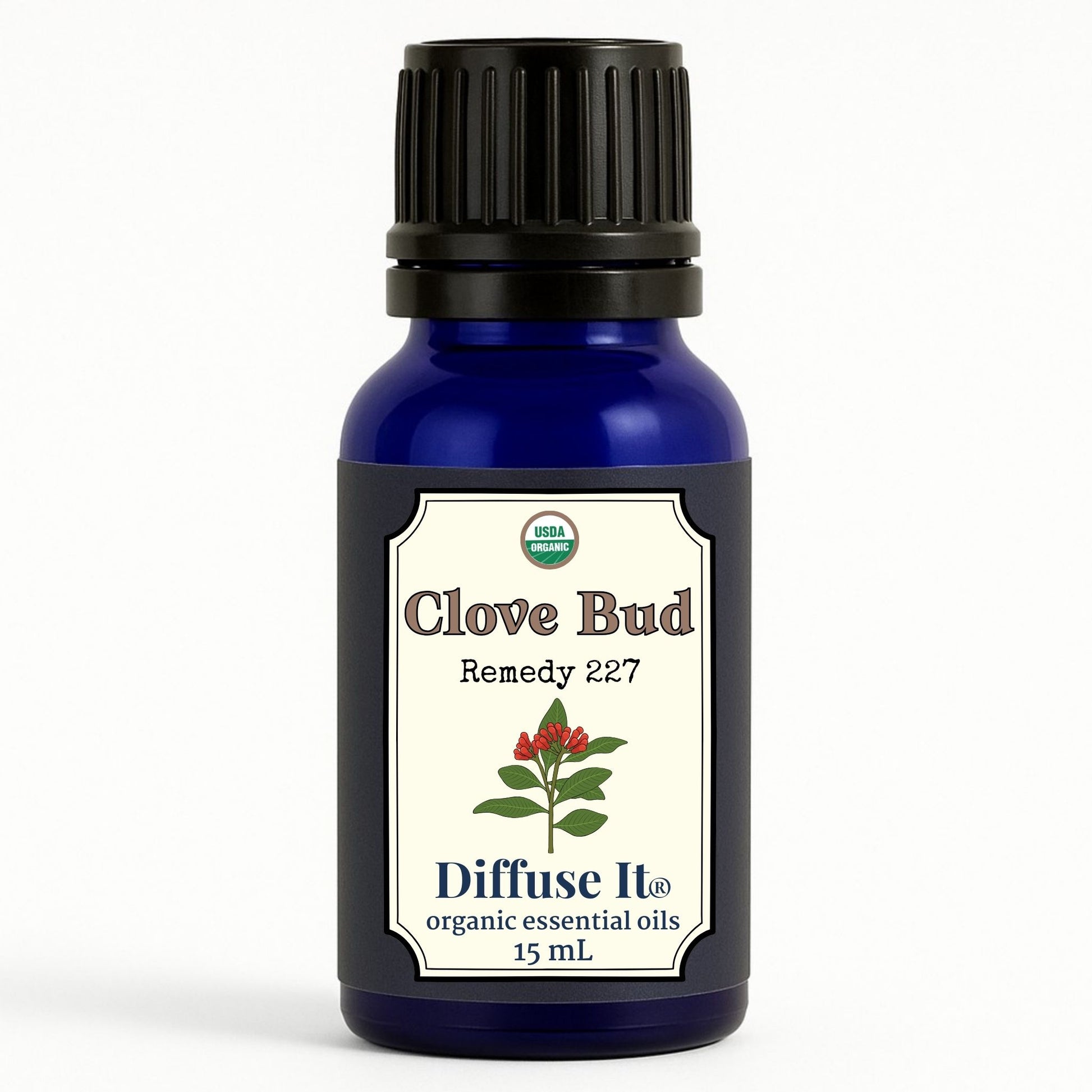 Cobalt blue 15 mL bottle of Diffuse It® Organic Clove Bud essential oil by Essential for Wellness Organic Essential Oils