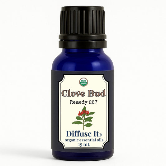 Cobalt blue 15 mL bottle of Diffuse It® Clove Bud essential oil by Essential for Wellness