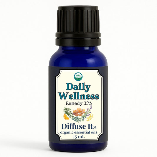 Cobalt blue 15 mL bottle of Diffuse It® Daily Wellness essential oil by Essential for Wellness
