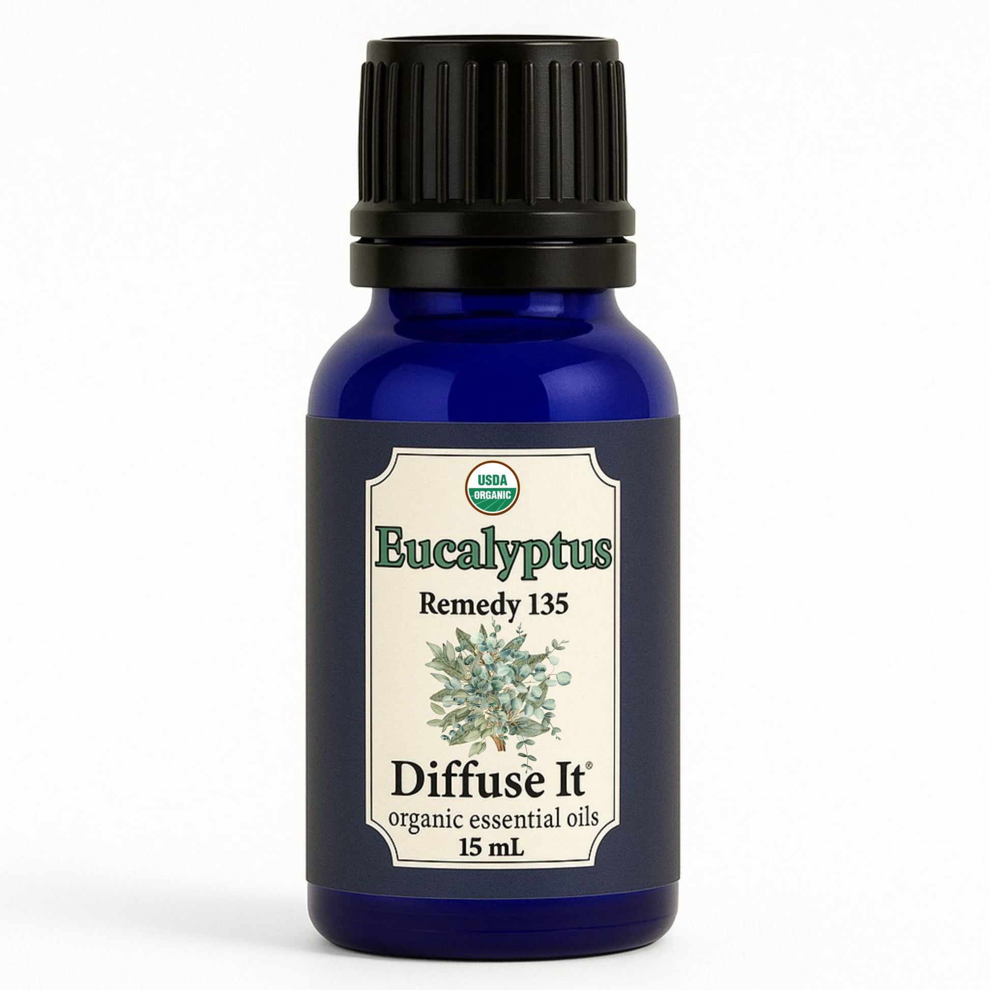 Cobalt blue 15 mL bottle of Diffuse It® Eucalyptus essential oil by Essential for Wellness