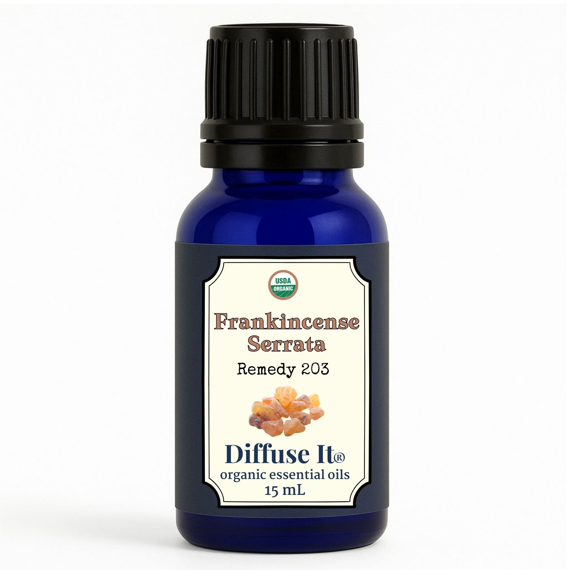 Cobalt blue 15 mL bottle of Diffuse It® Frankincense Serrata essential oil by Essential for Wellness