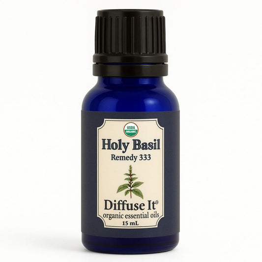 Cobalt blue 15 mL bottle of Diffuse It® Holy Basil essential oil by Essential for Wellness