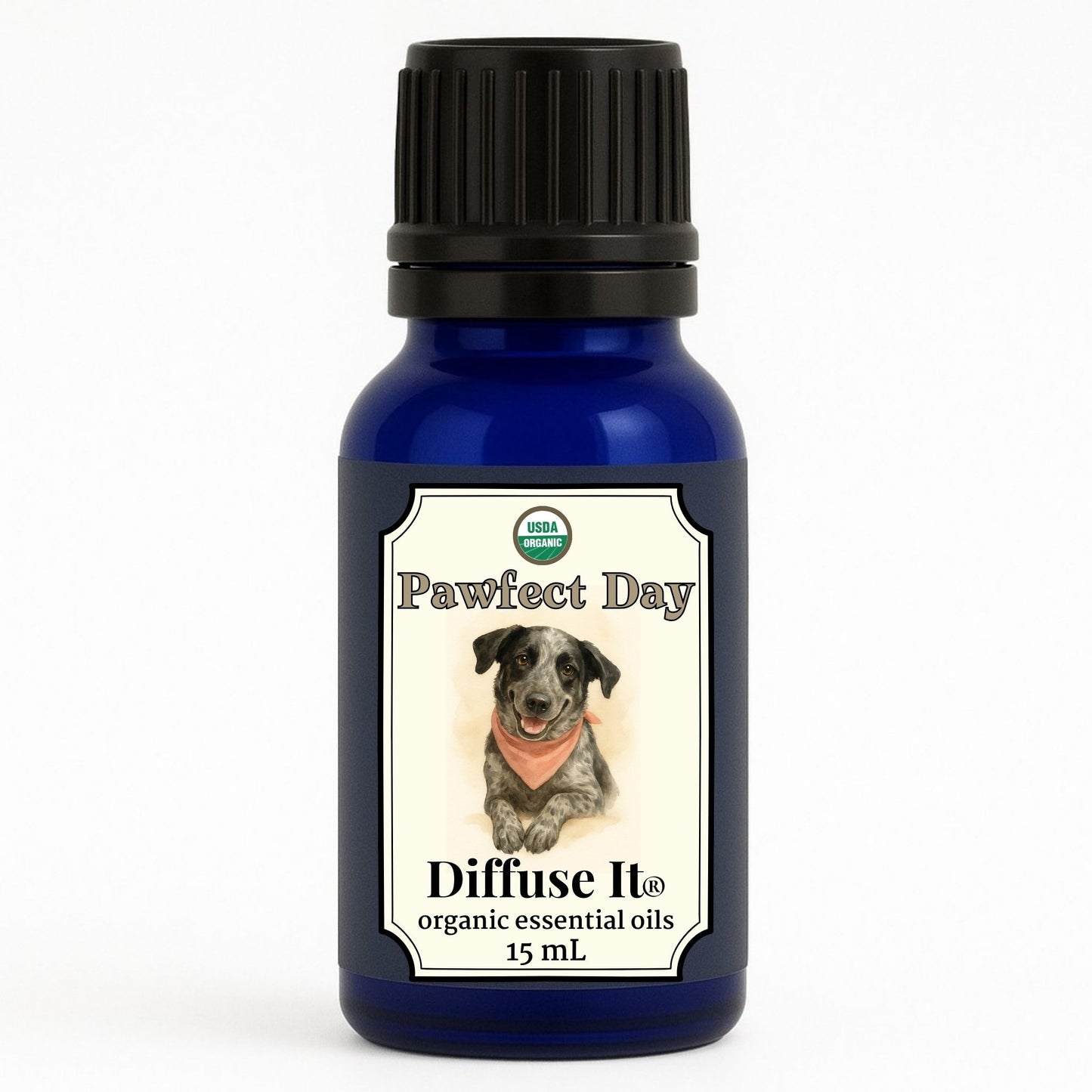 Cobalt blue 15 mL bottle of Diffuse It® Organic Pawfect Day pet-safe essential oil with organic sweet orange, frankincense carteri, and copaiba by Essential for Wellness Organic Essential Oils.