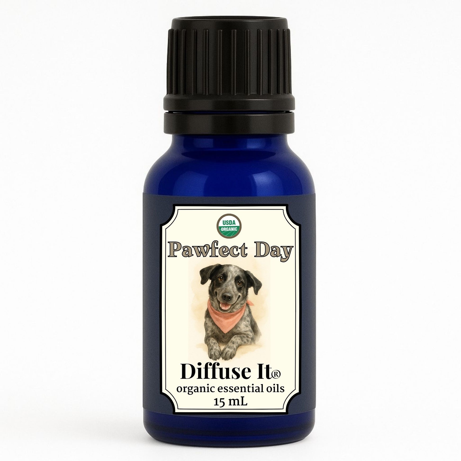 Cobalt blue 15 mL bottle of Diffuse It® Organic Pawfect Day pet-safe essential oil with organic sweet orange, frankincense carteri, and copaiba by Essential for Wellness Organic Essential Oils.