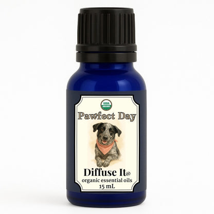 Cobalt blue 15 mL bottle of Diffuse It® Organic Pawfect Day pet-safe essential oil with organic sweet orange, frankincense carteri, and copaiba by Essential for Wellness Organic Essential Oils.