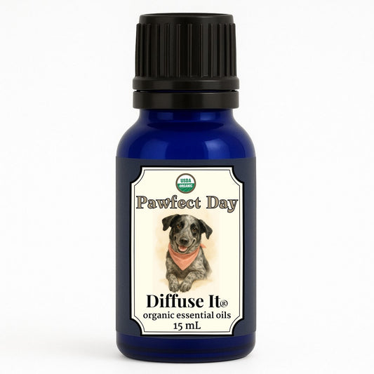 Cobalt blue 15 mL bottle of Diffuse It® Organic Pawfect Day pet-safe essential oil with organic sweet orange, frankincense carteri, and copaiba by Essential for Wellness Organic Essential Oils.