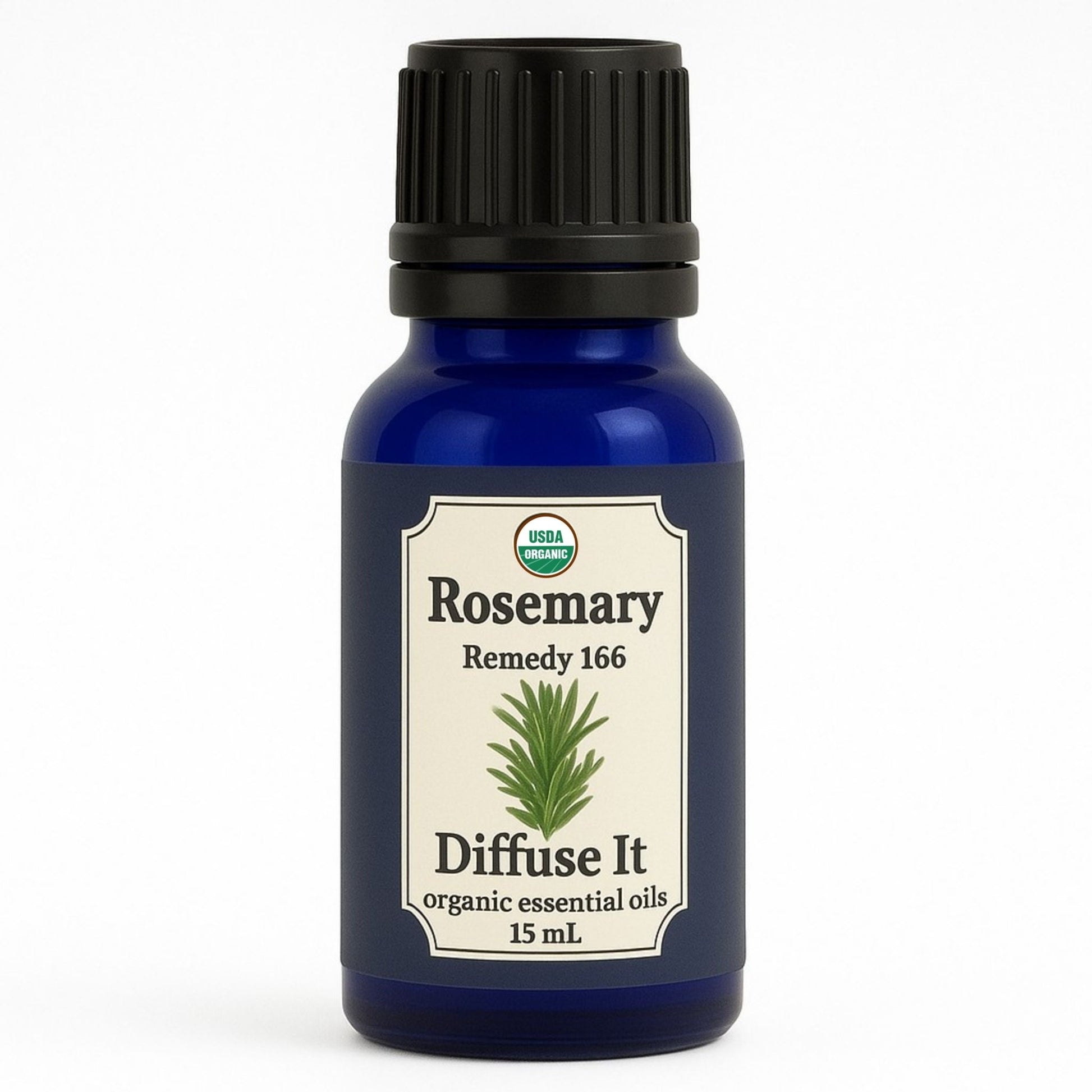 Cobalt blue 15 mL bottle of Diffuse It® Rosemary essential oil by Essential for Wellness