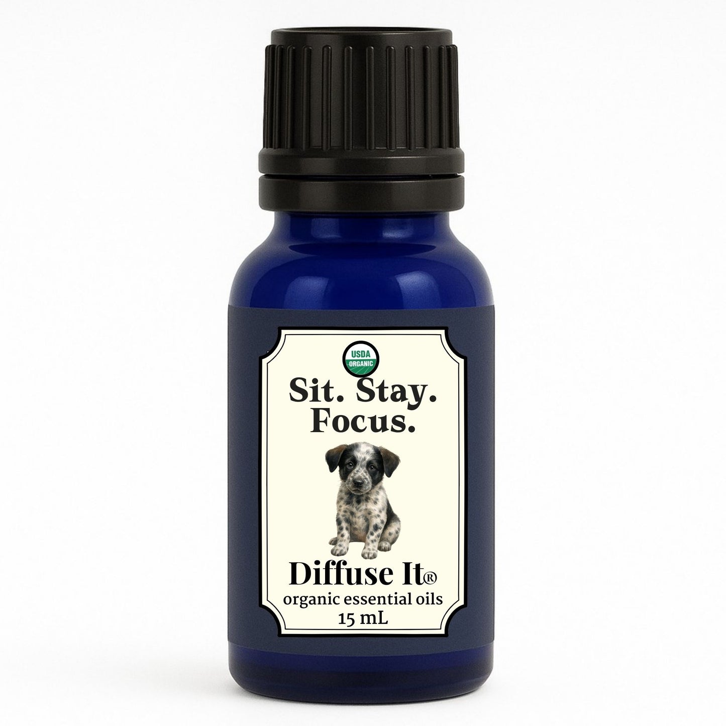 Cobalt blue 15 mL bottle of Diffuse It® Organic Sit. Stay. Focus. pet-safe essential oil blend with organic lavender, vetiver, and black pepper essential oils by Essential for Wellness 