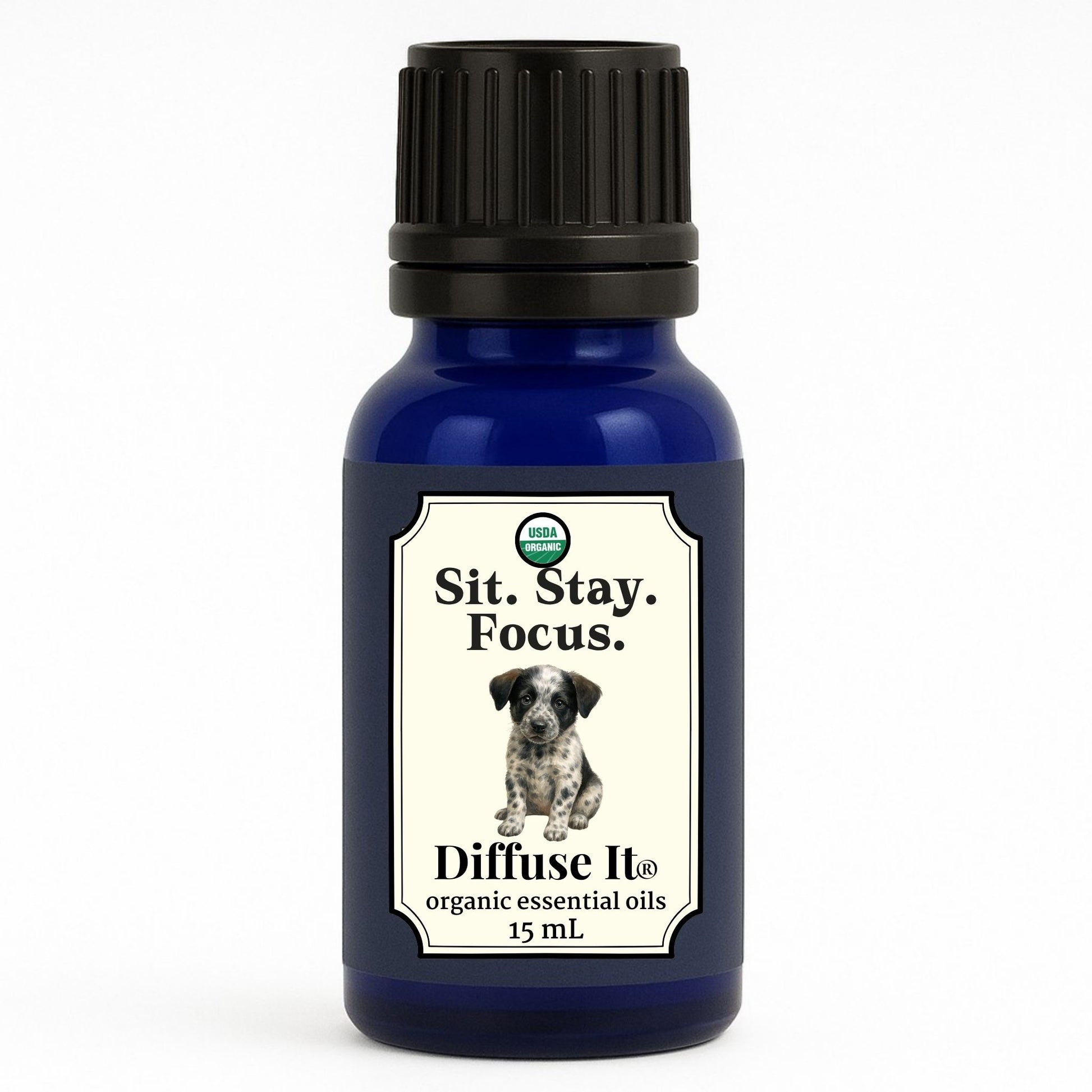 Cobalt blue 15 mL bottle of Diffuse It® Organic Sit. Stay. Focus. pet-safe essential oil blend with organic lavender, vetiver, and black pepper essential oils by Essential for Wellness 