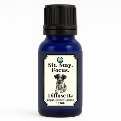 Cobalt blue 15 mL bottle of Diffuse It® Organic Sit. Stay. Focus. pet-safe essential oil blend with organic lavender, vetiver, and black pepper essential oils by Essential for Wellness 