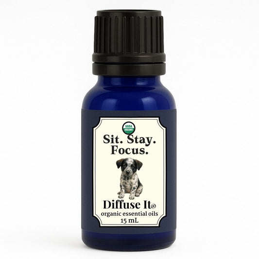 Cobalt blue 15 mL bottle of Diffuse It® Organic Sit. Stay. Focus. pet-safe essential oil blend with organic lavender, vetiver, and black pepper essential oils by Essential for Wellness 