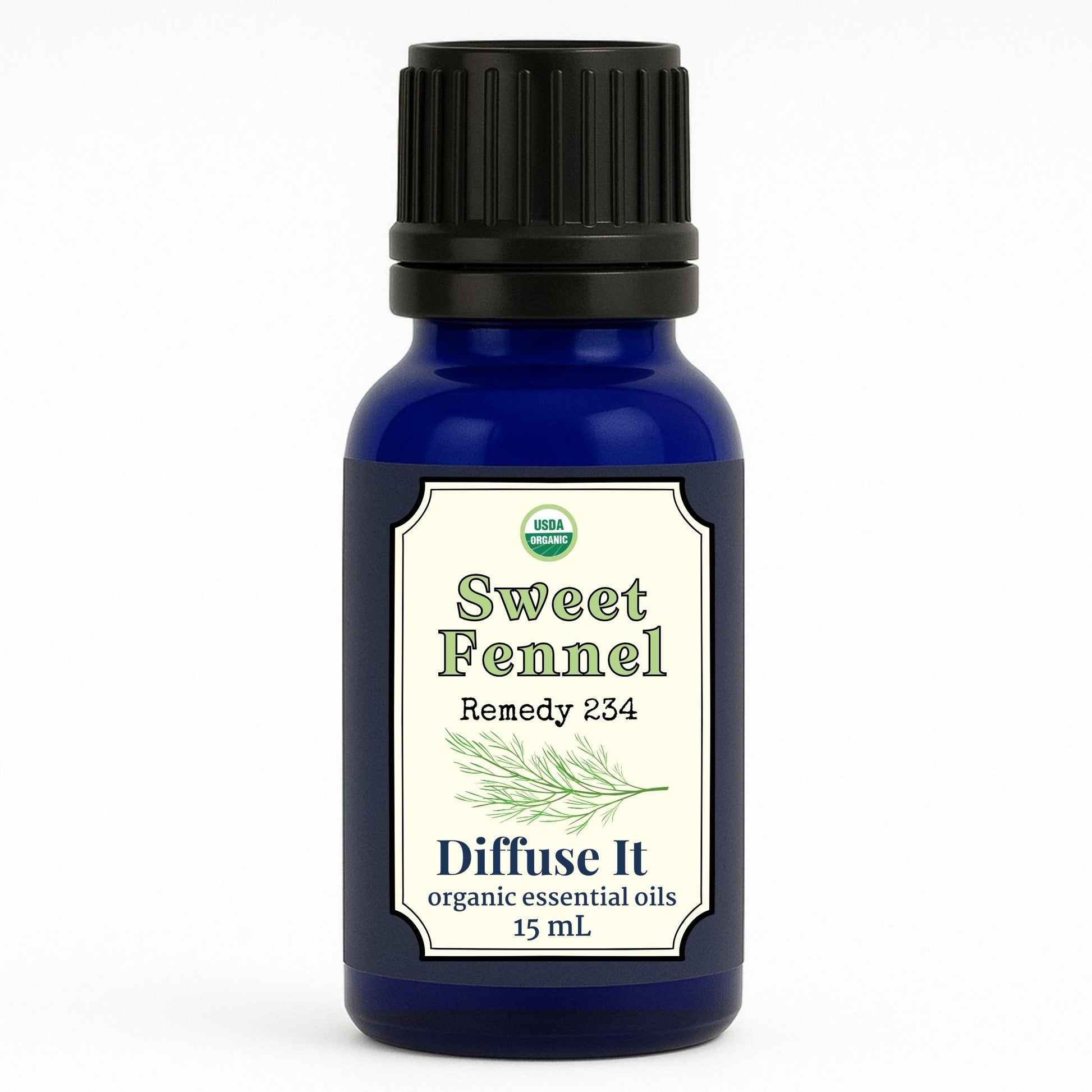 Cobalt blue 15 mL bottle of Diffuse It® Organic Sweet Fennel essential oil by Essential for Wellness Organic Essential Oils