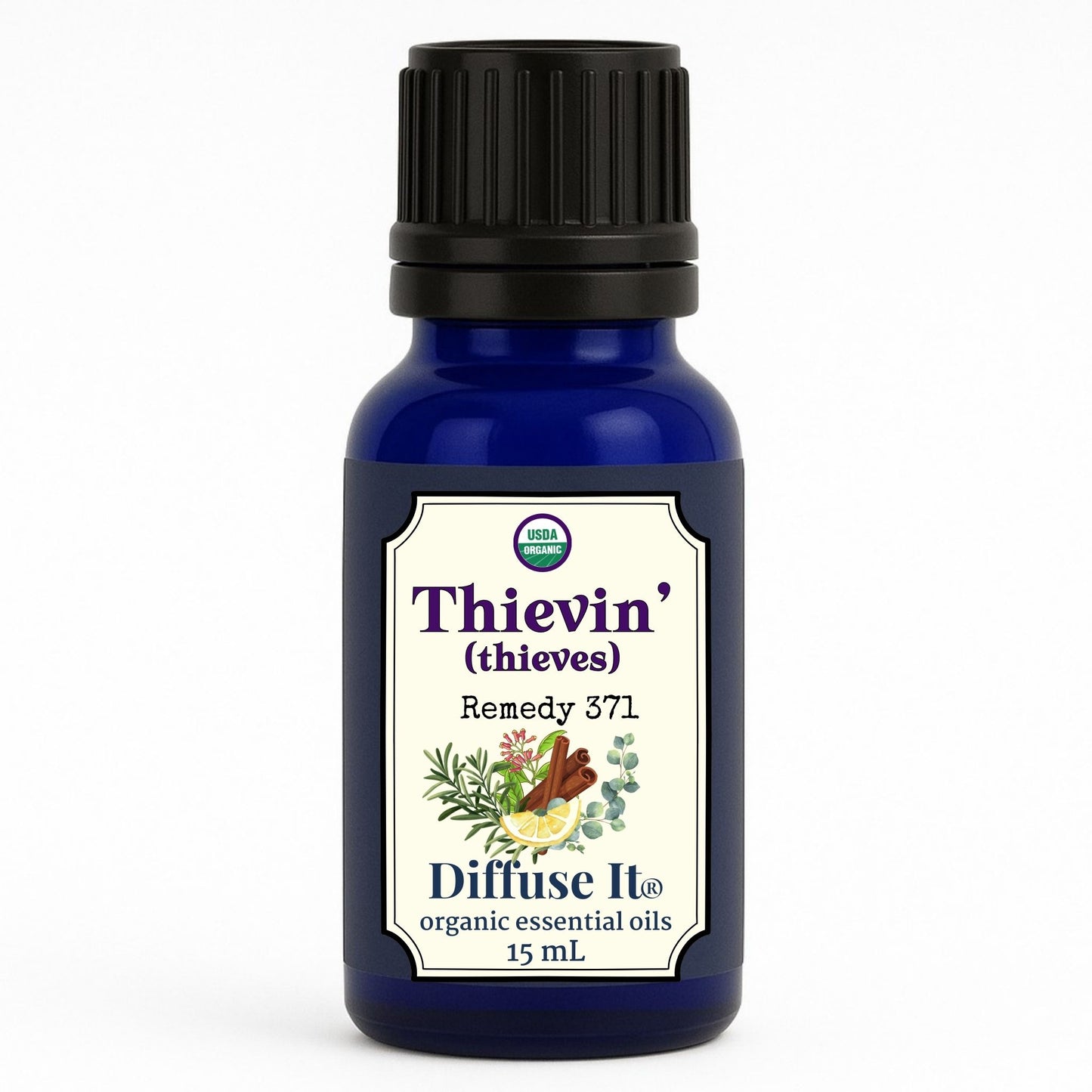 Cobalt blue 15 mL bottle of Diffuse It® Organic Thievin' essential oil by Essential for Wellness Organic Essential Oils