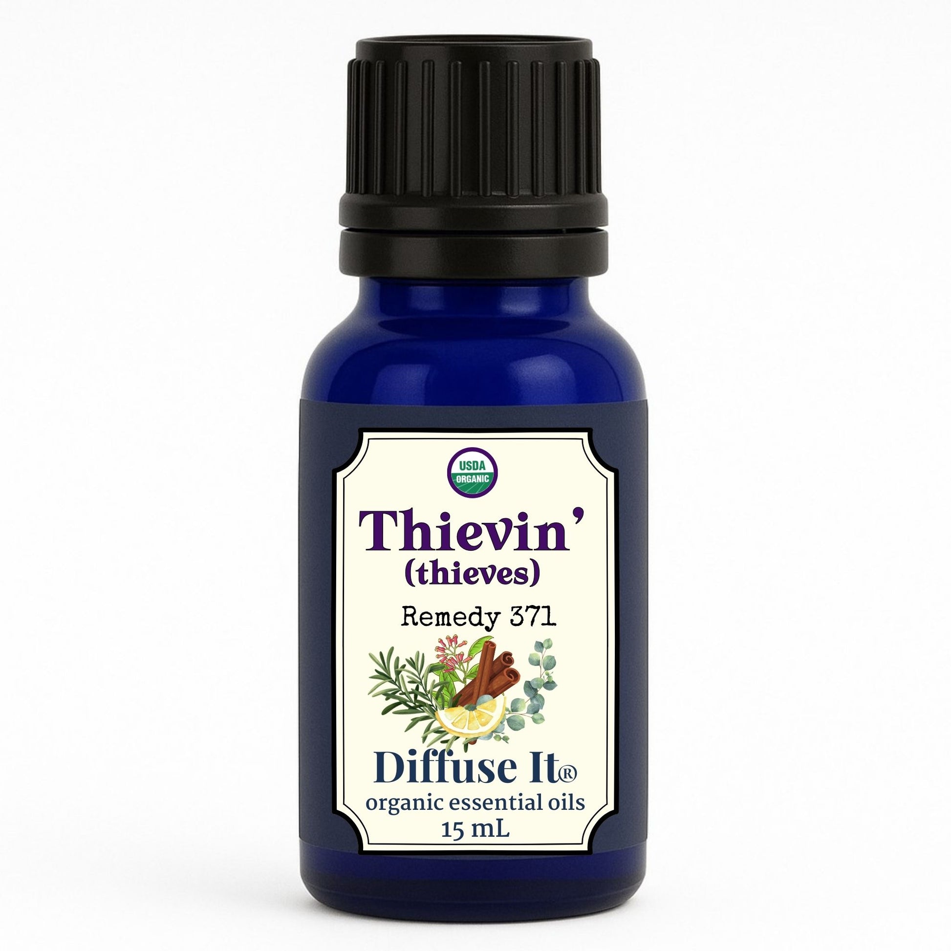 Cobalt blue 15 mL bottle of Diffuse It® Organic Thievin' essential oil by Essential for Wellness Organic Essential Oils