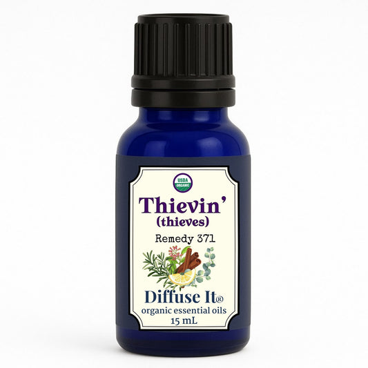 Cobalt blue 15 mL bottle of Diffuse It® Thievin' essential oil by Essential for Wellness