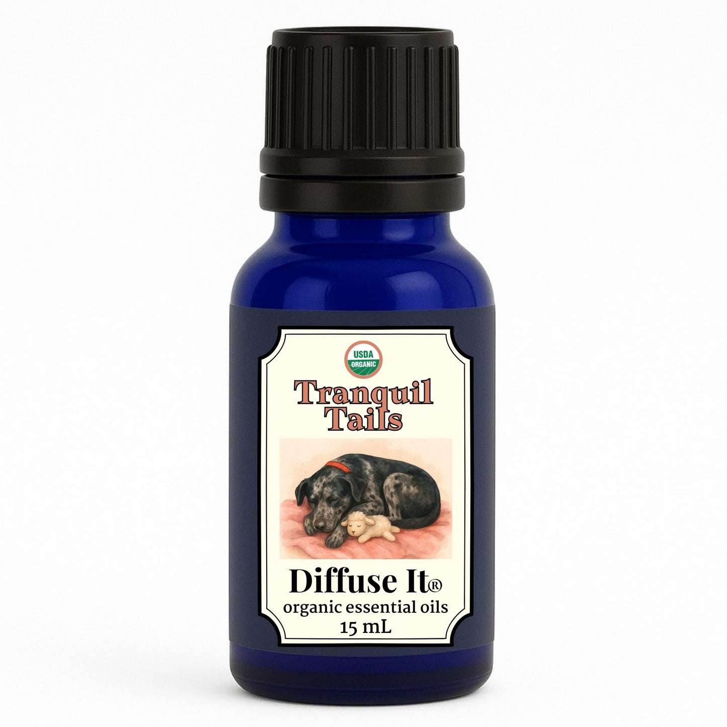 Cobalt blue 15 mL bottle of Diffuse It® Organic Tranquil Tails pet-safe essential oil with organic lavender, ylang ylang, and bergamot by Essential for Wellness Organic Essential Oils