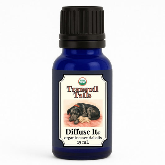 Cobalt blue 15 mL bottle of Diffuse It® Organic Tranquil Tails pet-safe essential oil with organic lavender, ylang ylang, and bergamot by Essential for Wellness Organic Essential Oils
