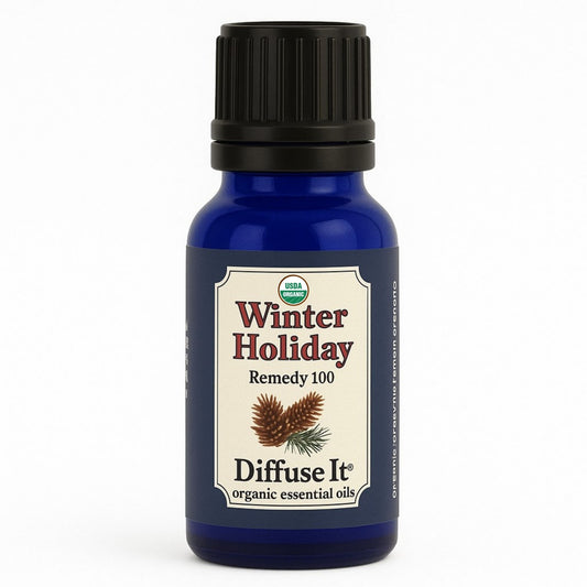 Cobalt blue 15 mL bottle of Diffuse It® Winter Holiday essential oil by Essential for Wellness
