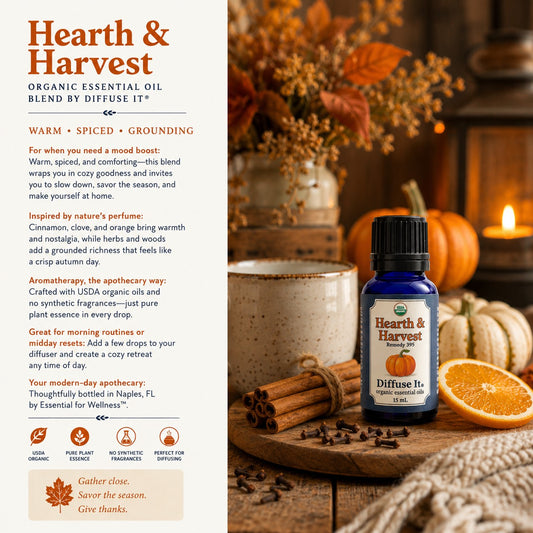 Hearth and Harvest essential oil diffuser blend with warm spice and autumn-inspired aroma