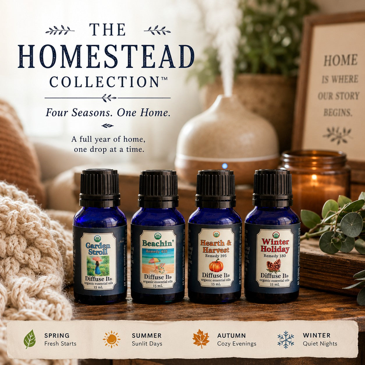 Homestead Collection essential oil gift set with four seasonal diffuser blends in a cozy home setting