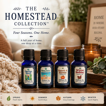 Homestead Collection essential oil gift set with four seasonal diffuser blends in a cozy home setting