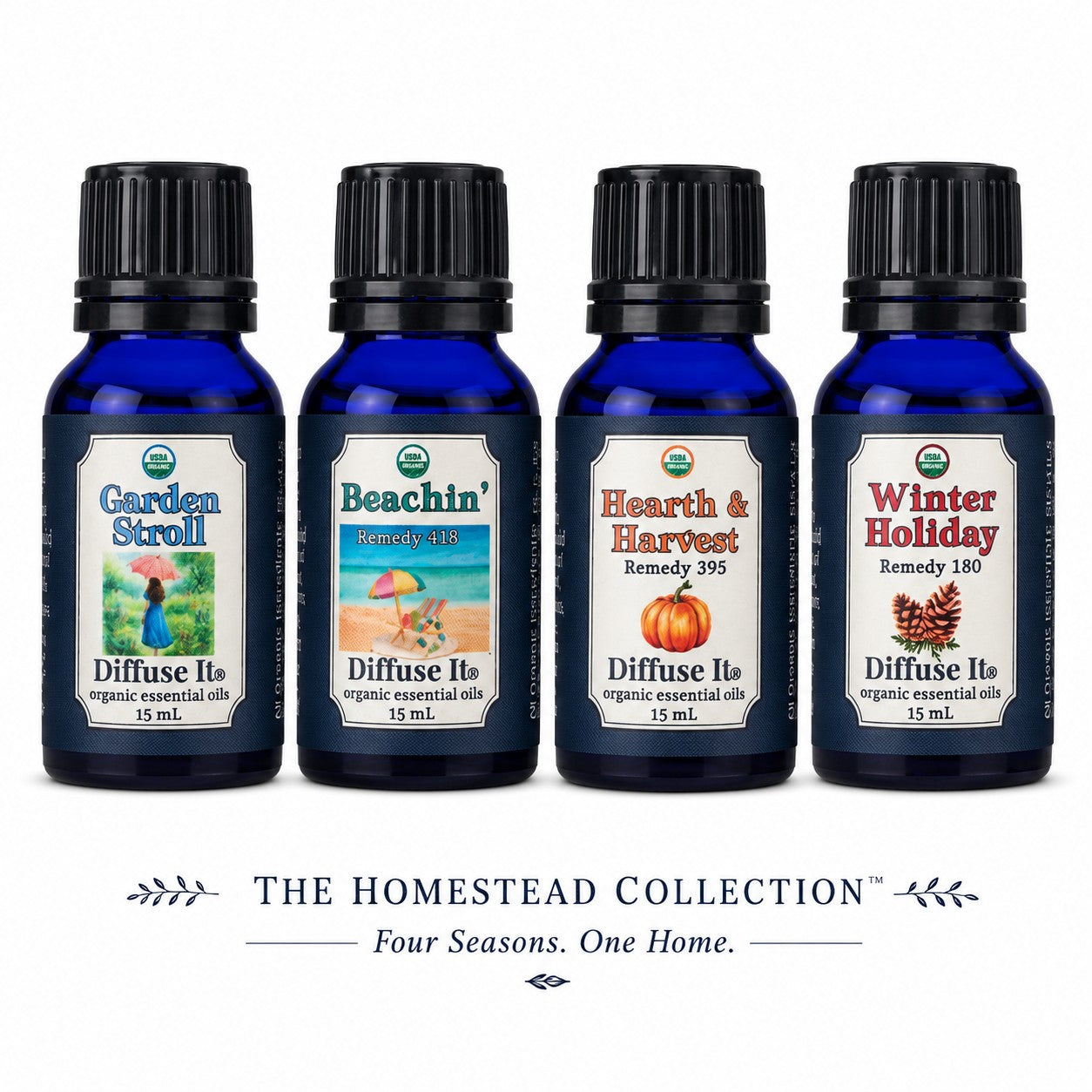 Homestead Collection essential oil gift set with four organic diffuser blends on white background