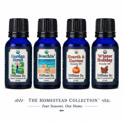 Homestead Collection essential oil gift set with four organic diffuser blends on white background