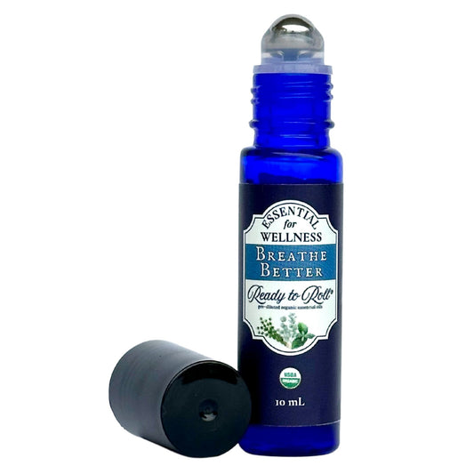 Breathe Better Ready to Roll® by Essential for Wellness – organic roll-on blend for clear breathing with eucalyptus, peppermint, and thyme in a cobalt blue bottle