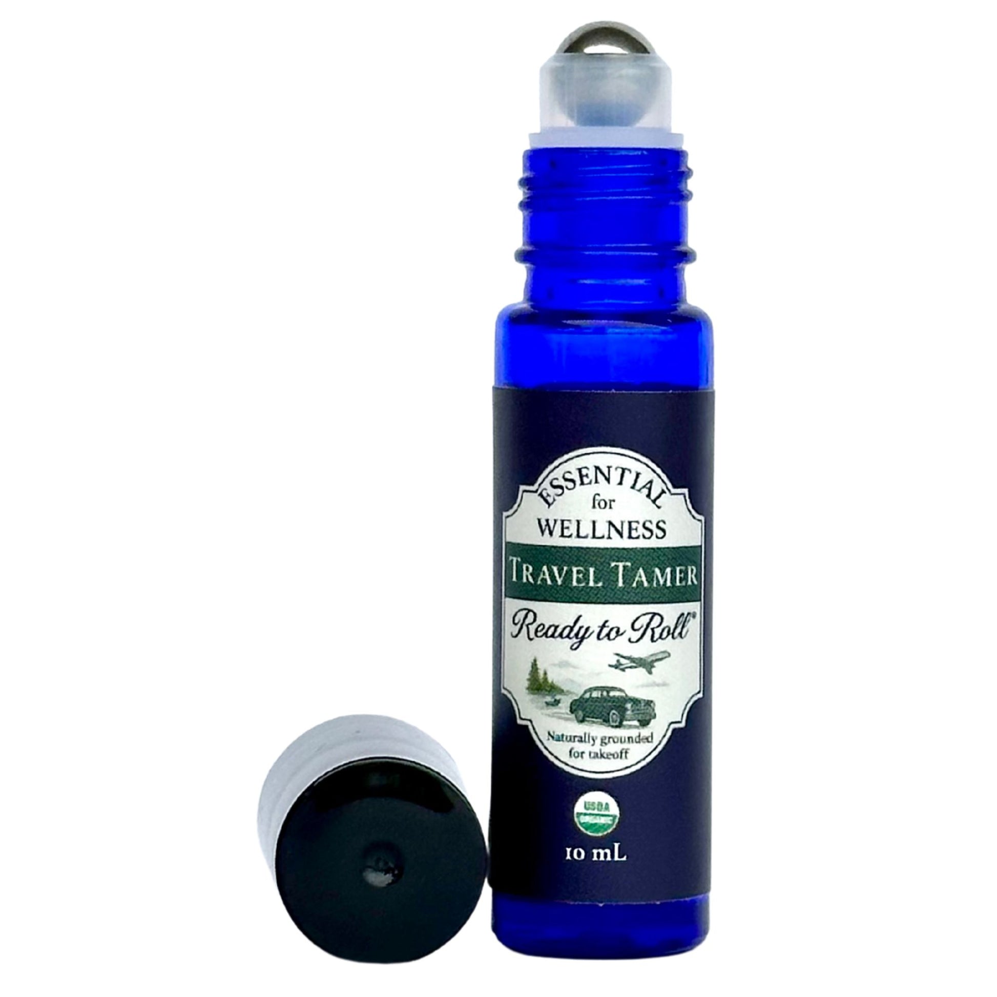 Travel Tamer by Ready to Roll® – essential oil roller for motion comfort and on-the-go support with organic ginger, peppermint, sweet orange and cardamom essential oils in a cobalt blue bottle