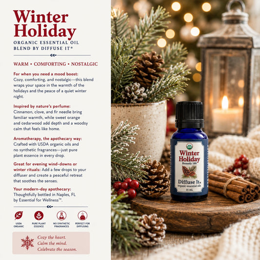 Winter Holiday essential oil diffuser blend with pine, spice, and cozy winter scent